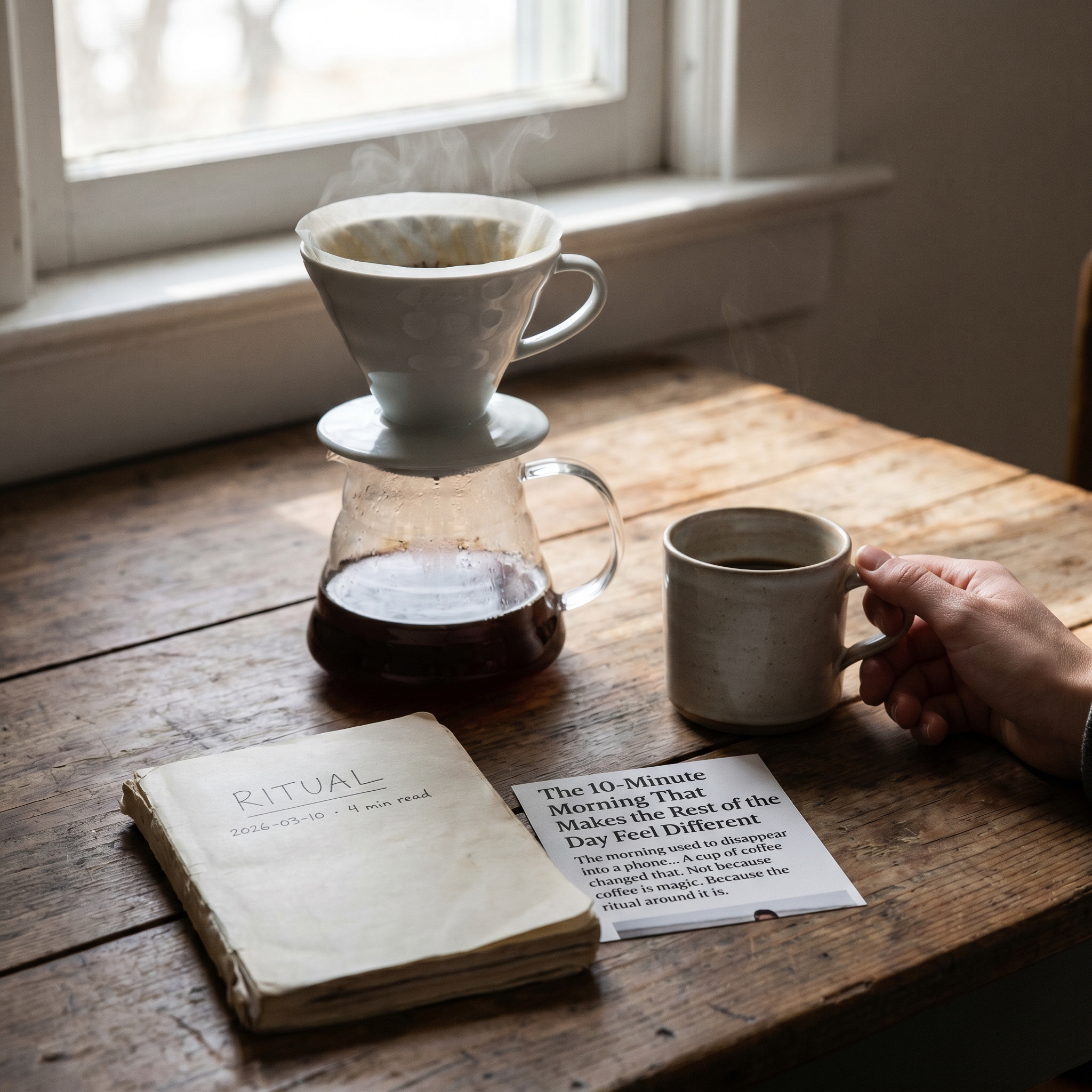 Morning light on a quiet kitchen with coffee and a notebook